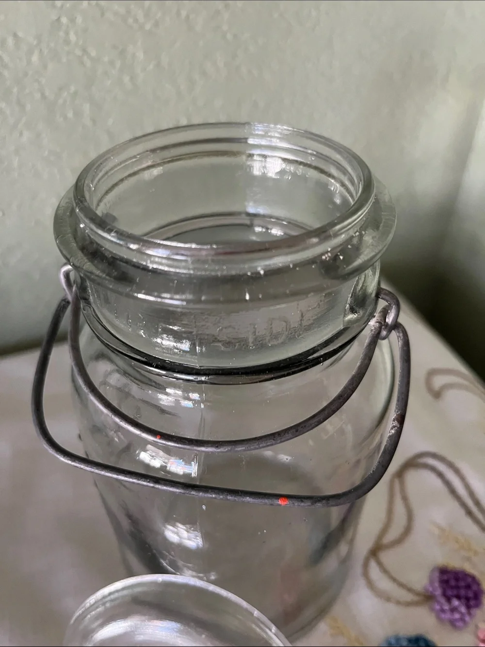 Vintage Ball Glass Canister – “Pat. Pend. 1908” Embossed Ball Logo & Wire Bail